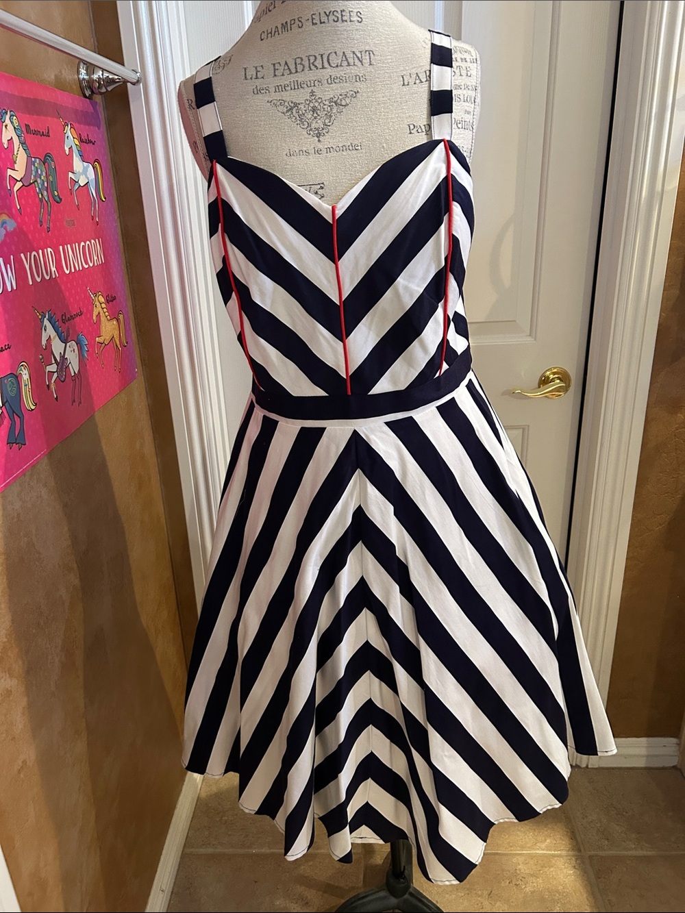 City Chic Navy and White Striped Midi Dress with Red Trim
